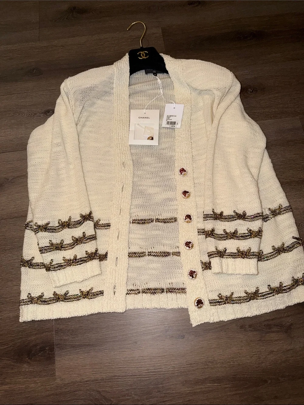 CHANEL Cream Knit Cardigan with Brown Trim and Decorative Buttons